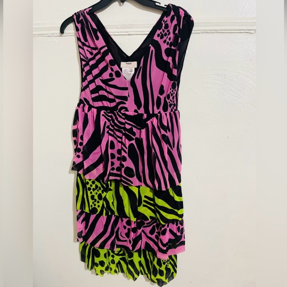 Vintage Fuzzi Tiered Pink and Green Patterned Mini Dress
